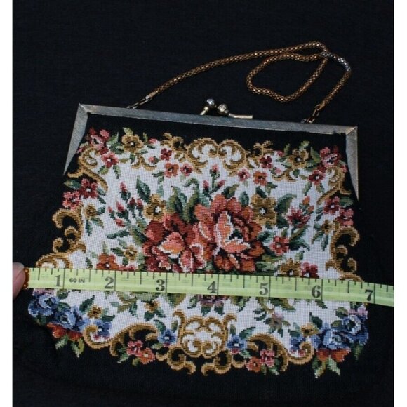 Vintage Floral Tapestry Handbag Goldtone Clasp Rope Chain Handle - Picture 6 of 9